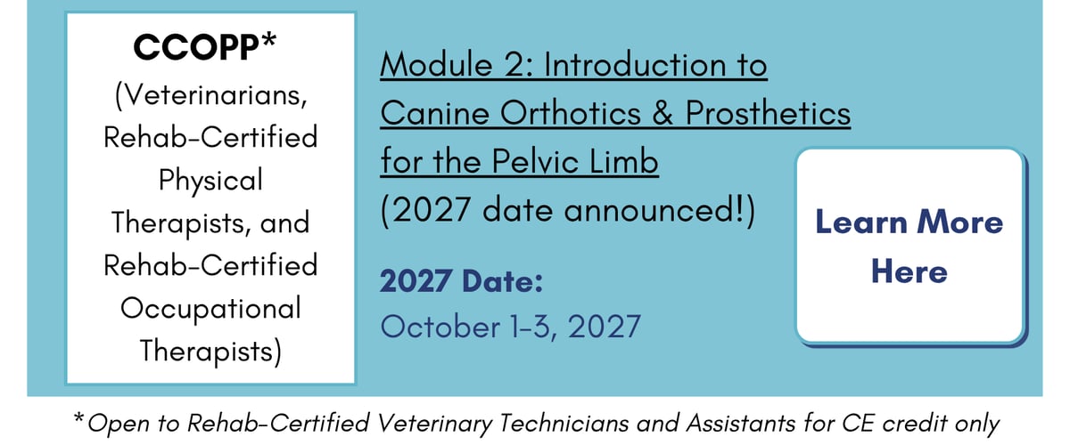 CCOPP: Intro to Canine Orthotics & Prosthetics for Pelvic Limb. Learn more and register.