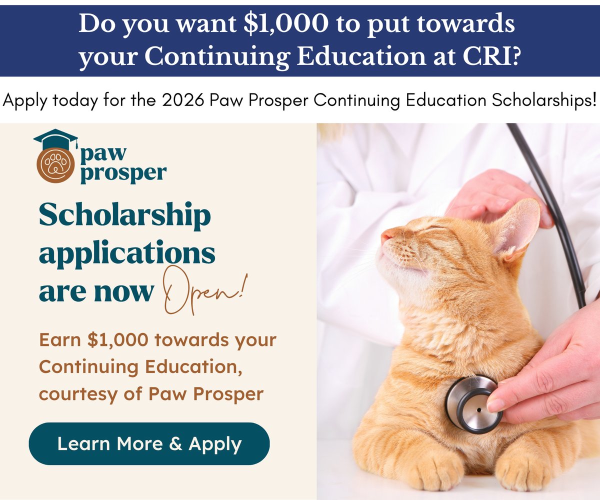 Do you want $1,000 to put towards your continuing education at CRI? Apply today for the Paw Prosper Continuing Education Scholarships! Applications close Aug. 31, 2026