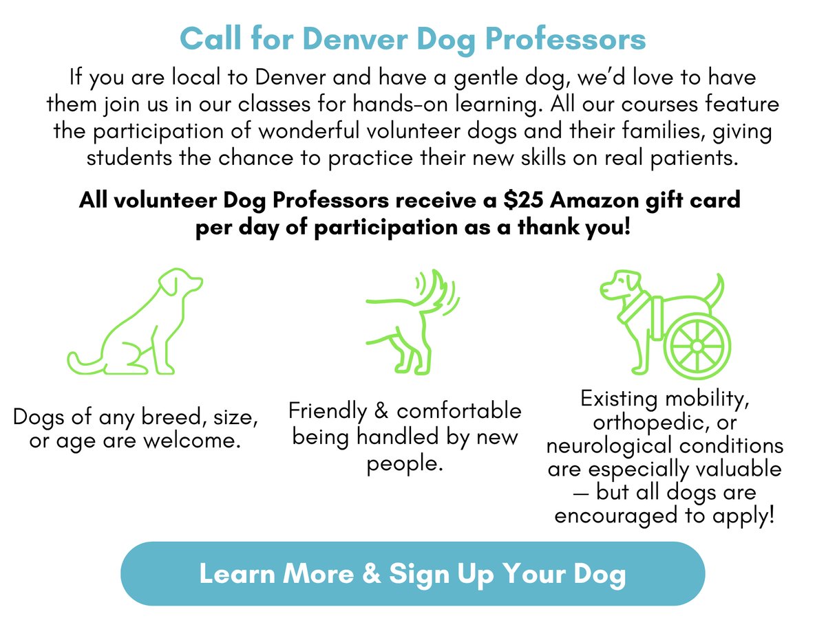 Call for Denver Dog Professors. Click to learn more and sign up your dog to help our students learn with hands-on training.