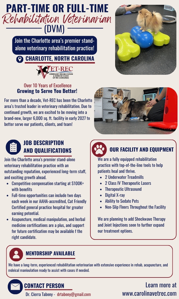 Part time or full time rehab vet (DVM) in Charlotte, NC at Vet-REC. Contact Dr. Cierra Tabony (drtabony@gmail.com)