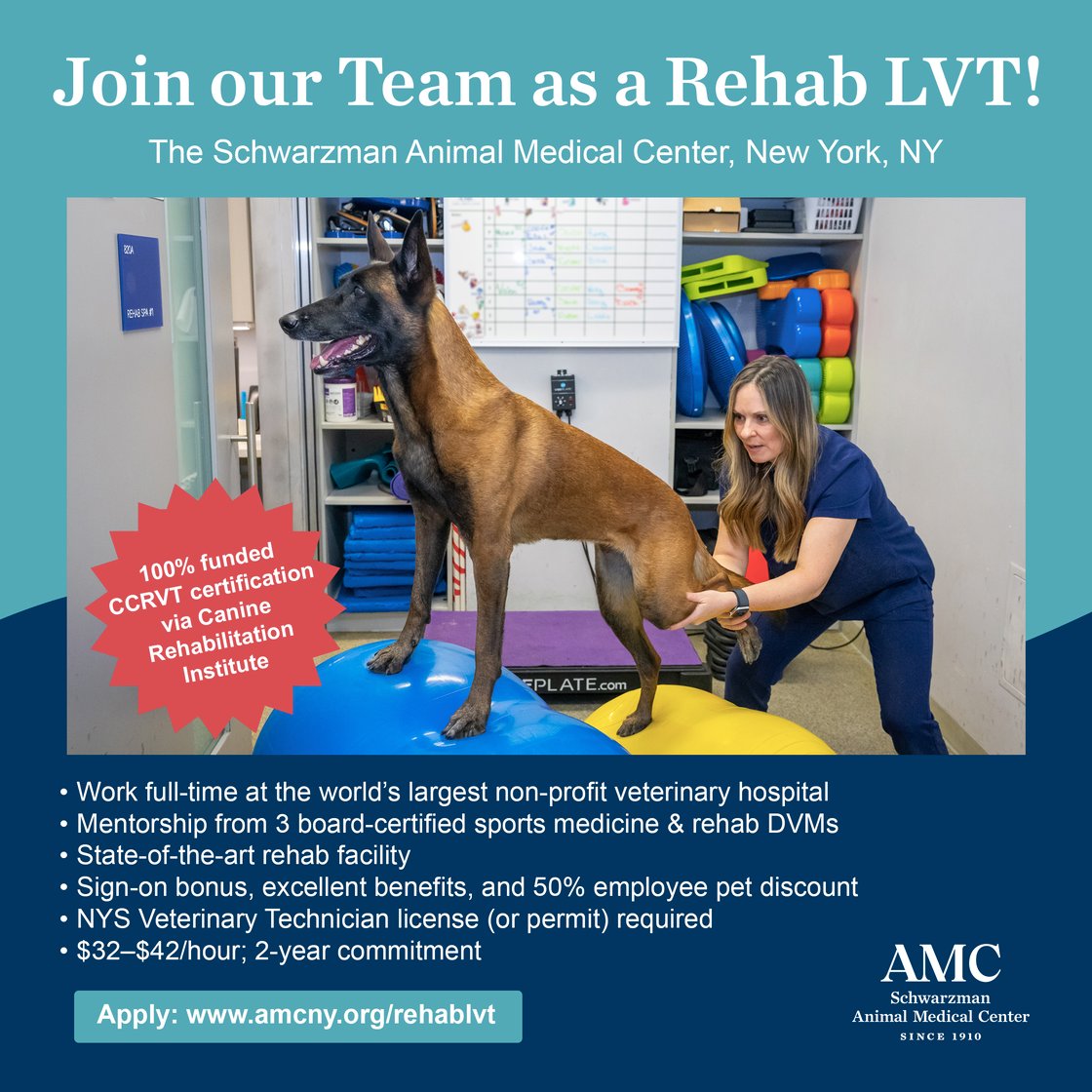 Join The Schwarzman Animal Medical Center in New York, NY as a Rehab LVT! Click to apply