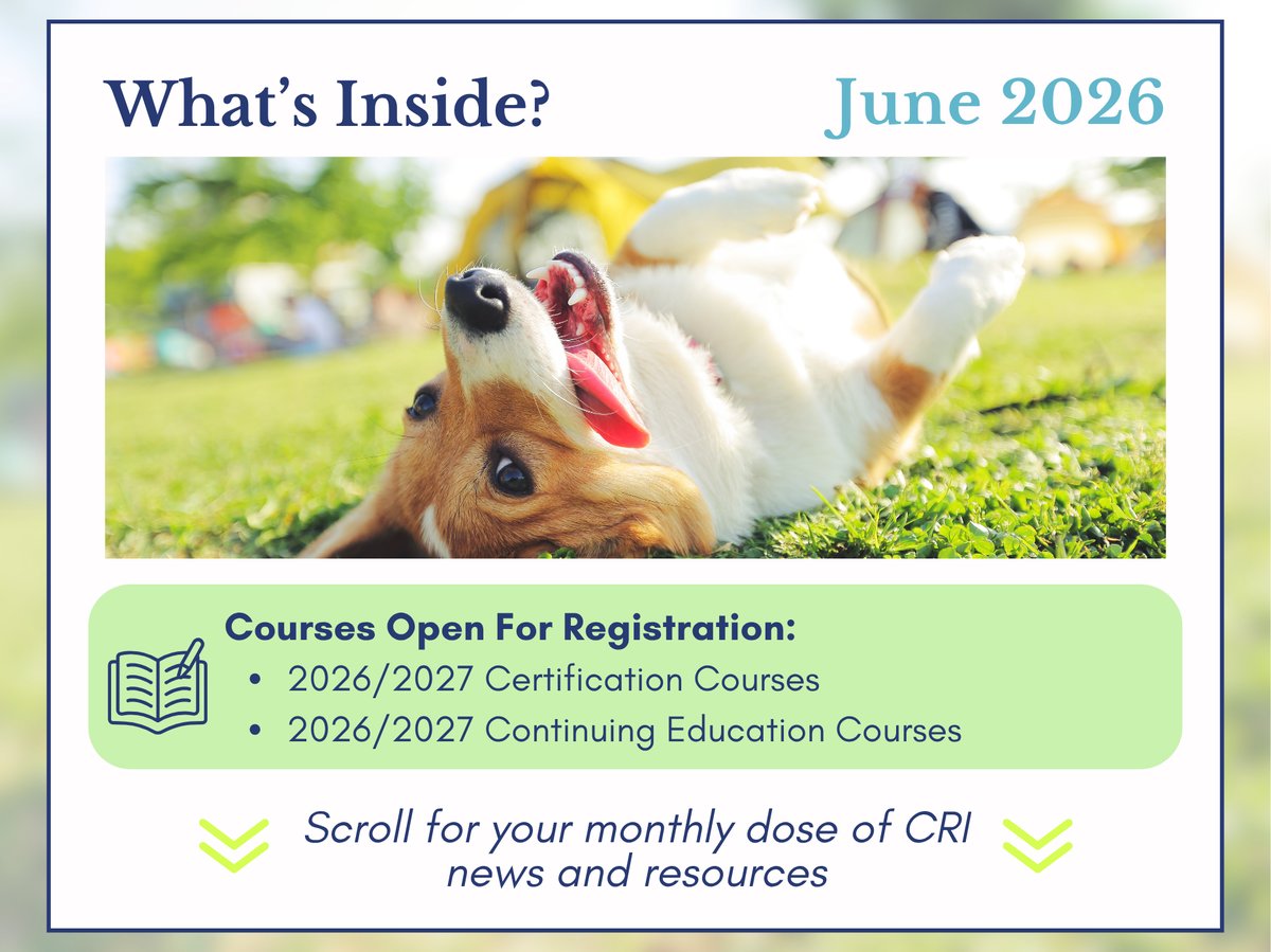 CRI Monthly Newsletter: June 2026! Check out what courses are open and scroll for your monthly dose of news and resources! Image: corgi rolling in grass with tongue out
