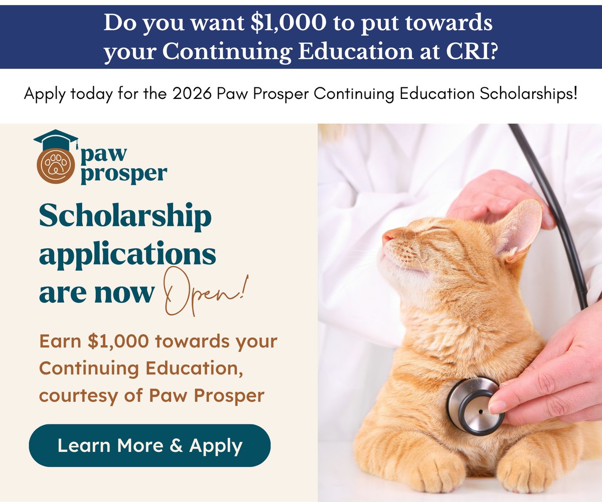 Do you want $1,000 to put towards your continuing education at CRI? Apply today for the Paw Prosper Continuing Education Scholarships! Applications close Aug. 31, 2026