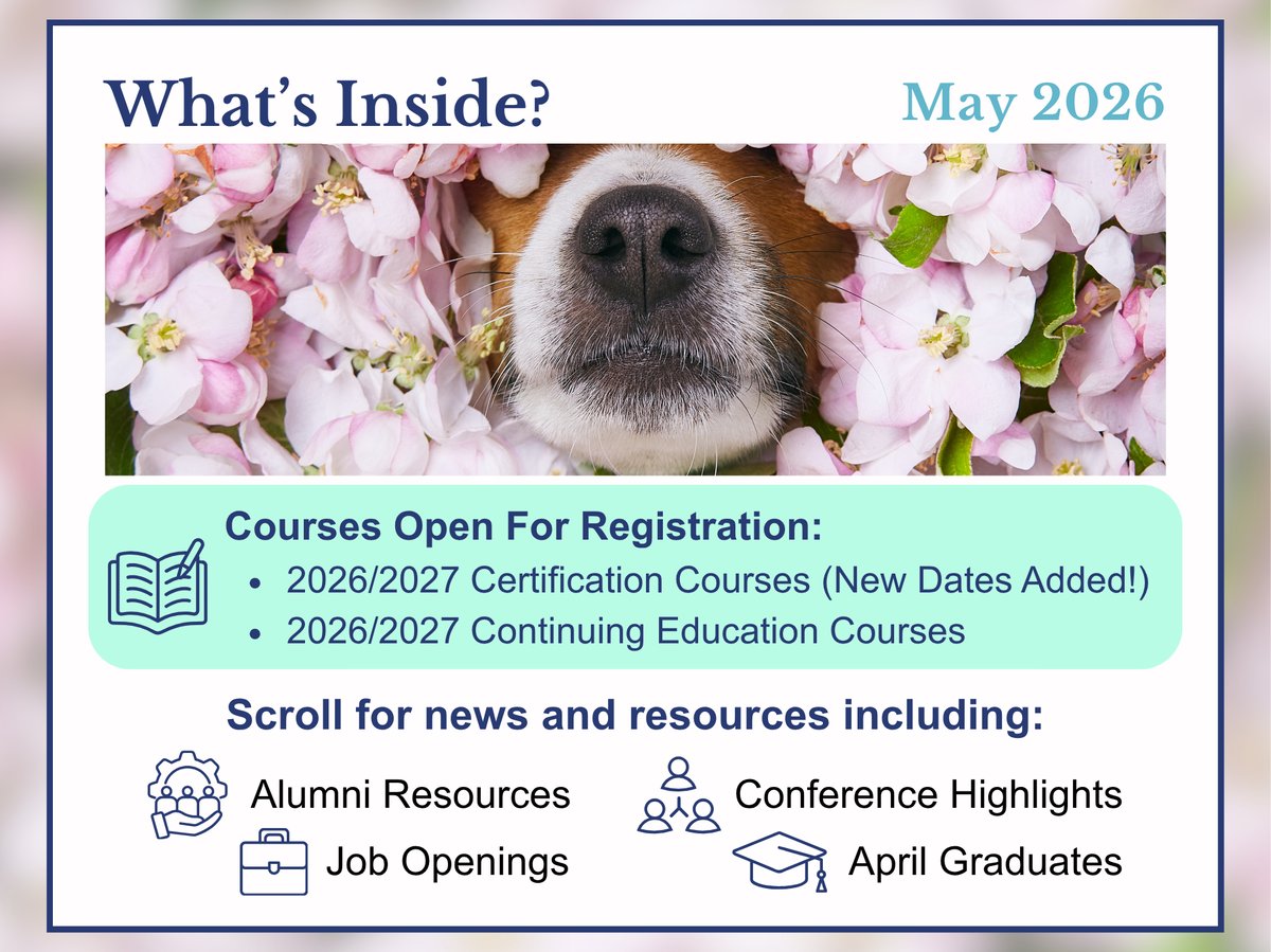CRI Monthly Newsletter: May 2026! Check out what courses are open! Image ID: a dog's nose pokes out of a bunch of pink flowers